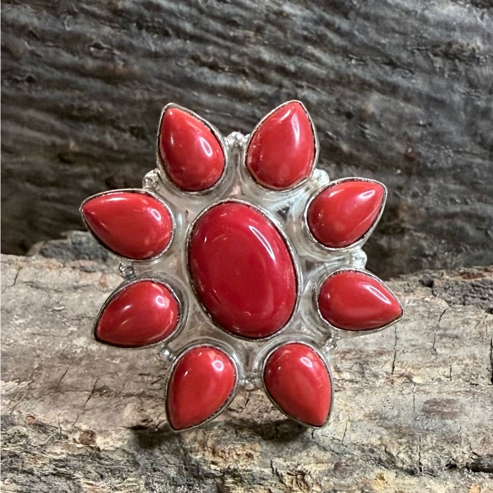 Sterling Silver Southwestern Style Ring with Red Stones Size 8